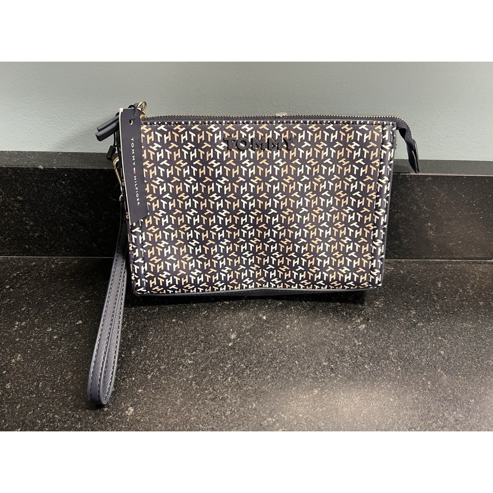 Tommy Hilfiger Wristlet Clutch Navy TH‎ Monogram Zip Pouch NWT